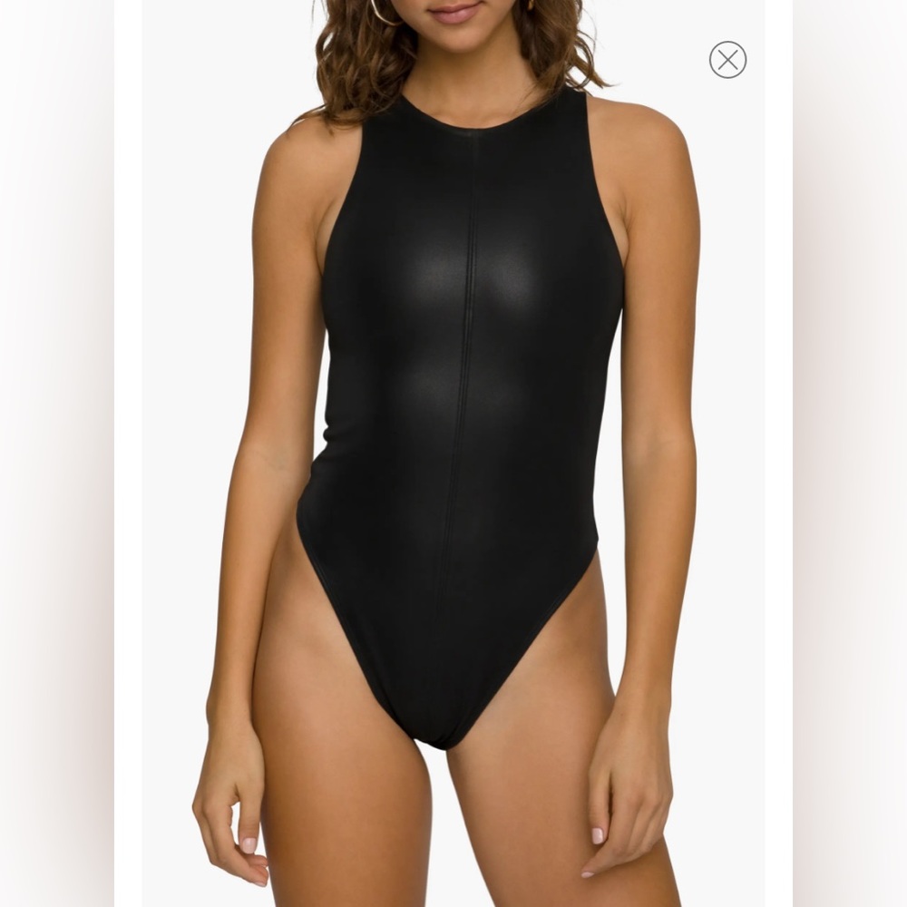 Faux Leather Crewneck Bodysuit - Good American - Black - Size M